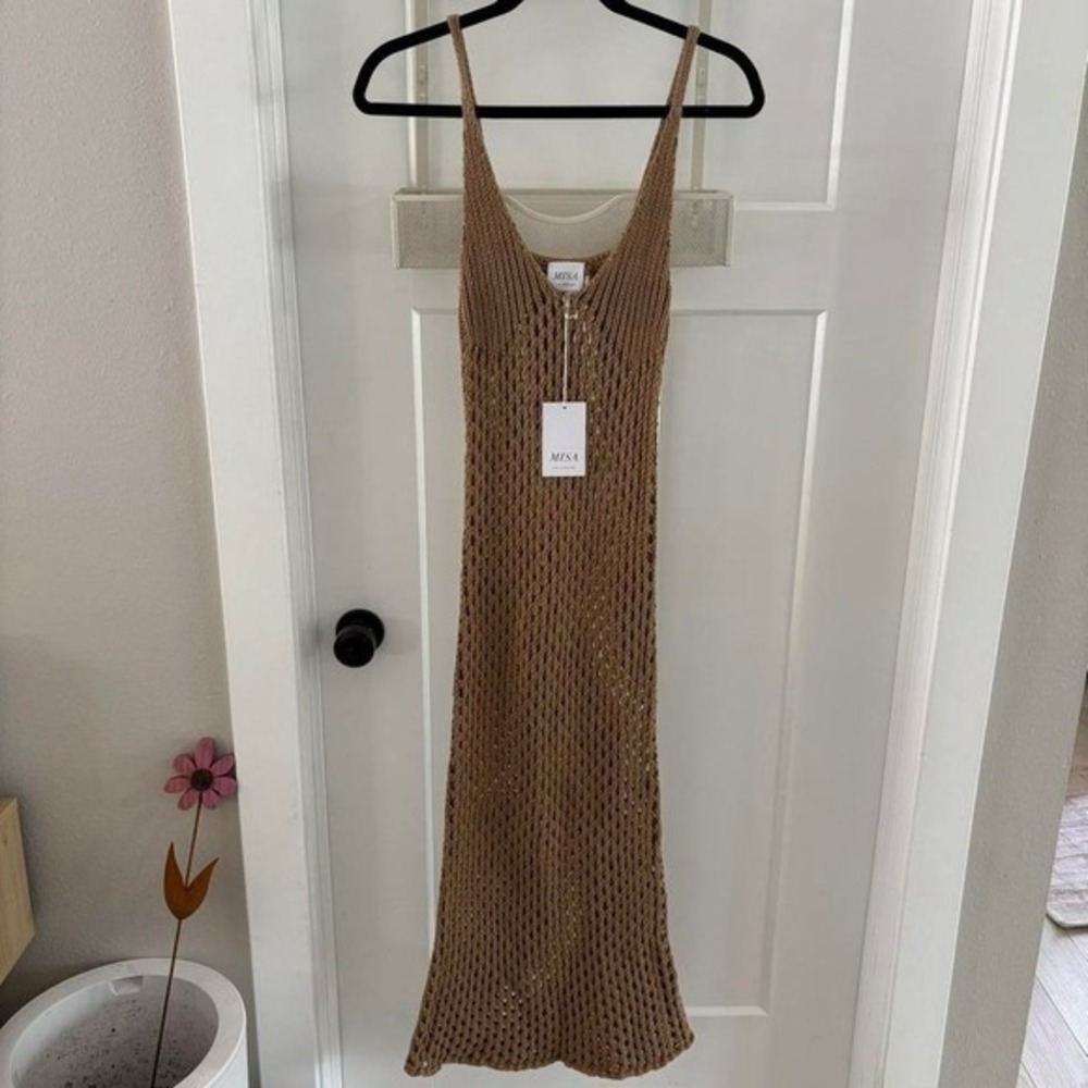 MISA Tan and brown knit midi dress SWIM COVERUP Crochet NWT $350 Retail M Boho